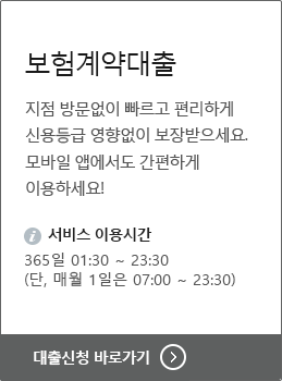 보험계약대출 지점방문없이 빠르고 편리하게 신용등급 영향없이 보장받으세요. 모바일 앱에서도 간편하게 이용하세요! 서비스 이용시간 365일 01:30 ~ 23:30(단, 매월1일은 07:00부터) 대출신청 바로가기