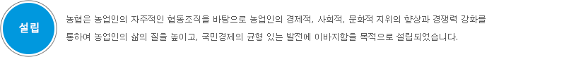 설립 : 농협은 농업인의 자주적인 협동조직을 바탕으로 농업인의 경제적, 사회적, 문화적 지위의 향상과 경쟁력 강화를 통하여 농업인의 삶의 질을 높이고, 국민경제의 균형 있는 발전에 이바지함을 목적으로 설립되었습니다.